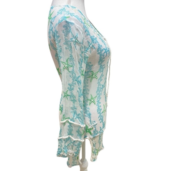 Letarte sheer handmade 100% silk beaded tunic top white & turquoise size small - Picture 5 of 11